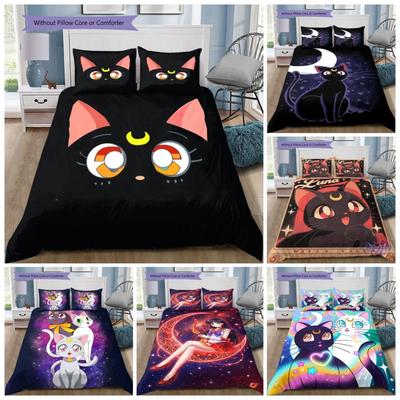 Anime Sailor Moon Luna Cat Face 3 Piece Bedding Set, Black Cartoon Duvet Cover Set