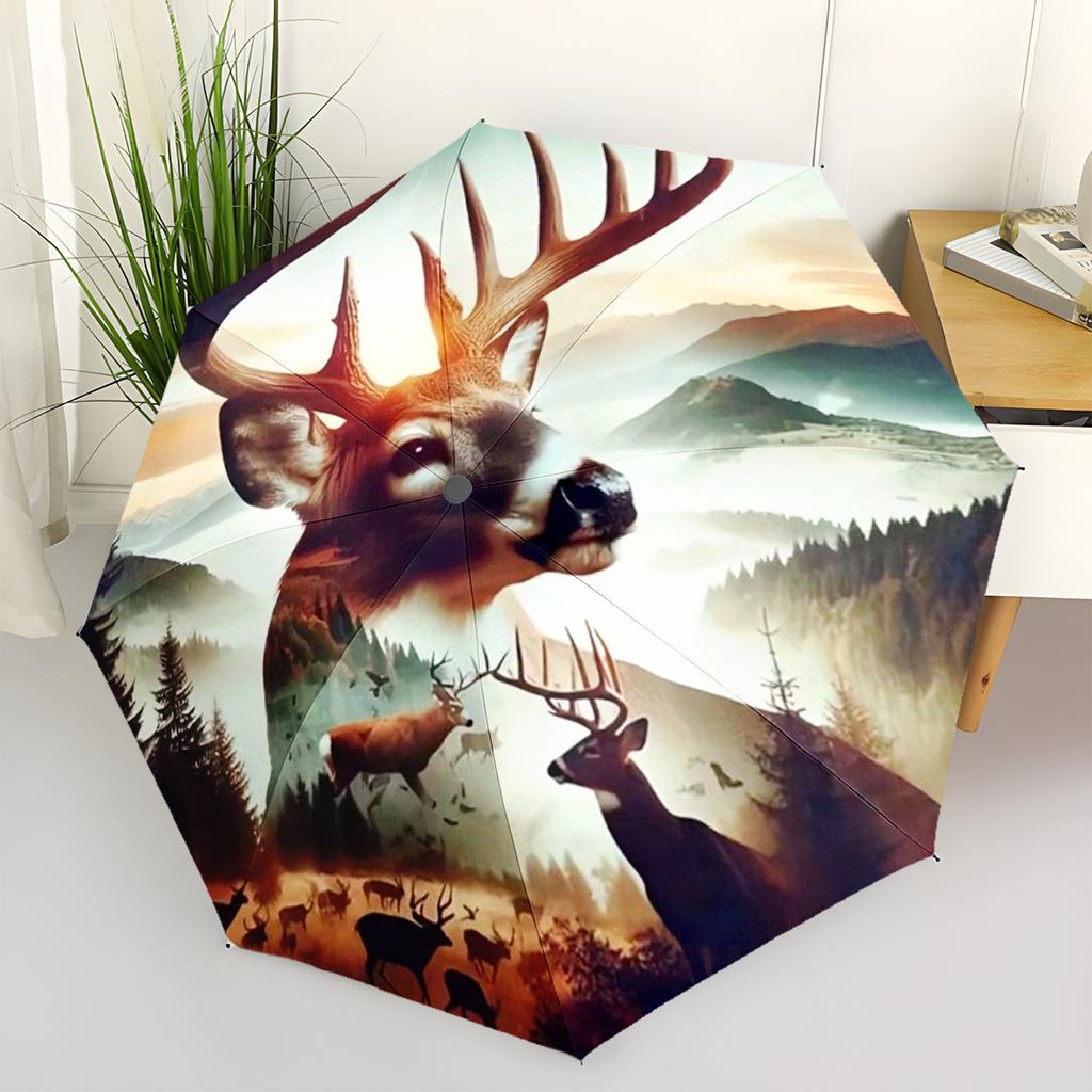 1pc Automatic Folding Umbrella | Deer and Nature Landscape Pattern, Portable and Foldable Design for Travel, Outdoor Use, Idea