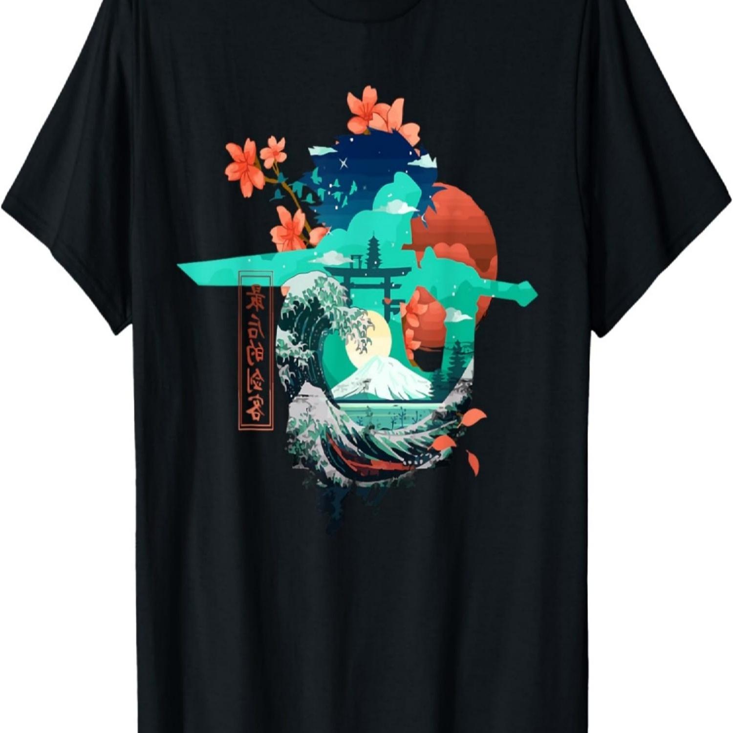 Japan samurai kawaii Great Wave With Cherry blossoms T-Shirt S