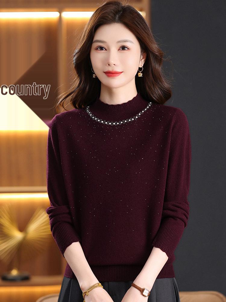 Women's 100% Wool Rhinestone Semi-High Neck Sweater – Fashionable Knitted Base Shirt for Autumn and Winter, Ideal for Middle-Aged and Elderly Mothers