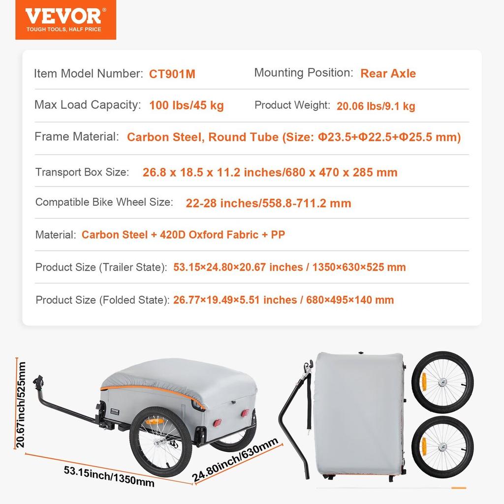 Carrello Portapacchi per Bicicletta, Capacità di Carico 100 libbre, Carrello Robusto per Bicicletta, Pieghevole per Conservazione Compatta con Gancio Universale, Copertura Impermeabile, Ruote da 16 pollici,
