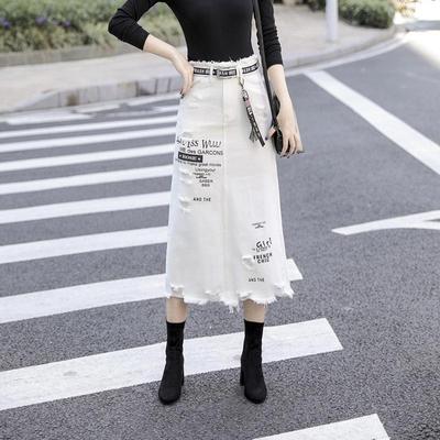 Women Front Hole Denim Skirt Summer Long Skirts High Waist Jeans Skirt Plus Size