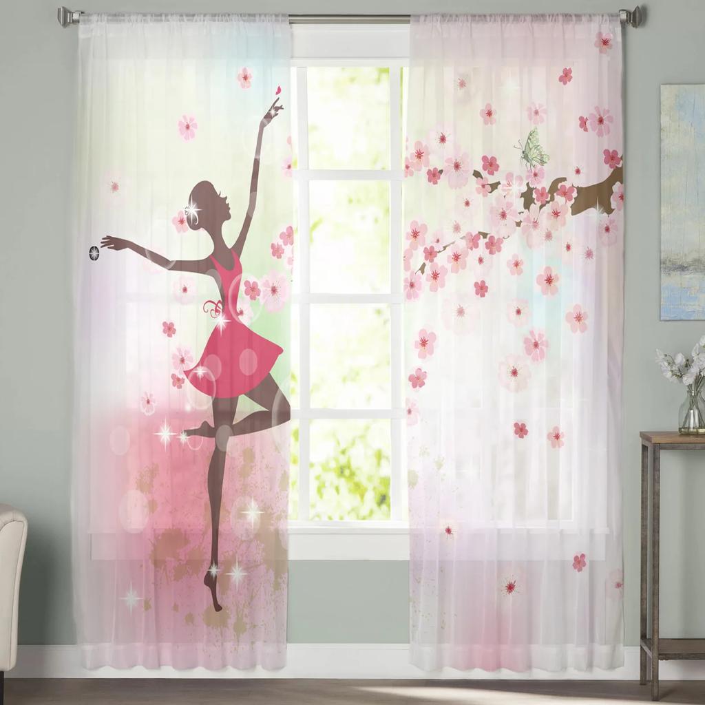 Ballet Dancer Girl Pink Flower Sheer Curtains Window Curtains for Living Room Bedroom Home Decor Cherry Blossoms Chiffon Curtain