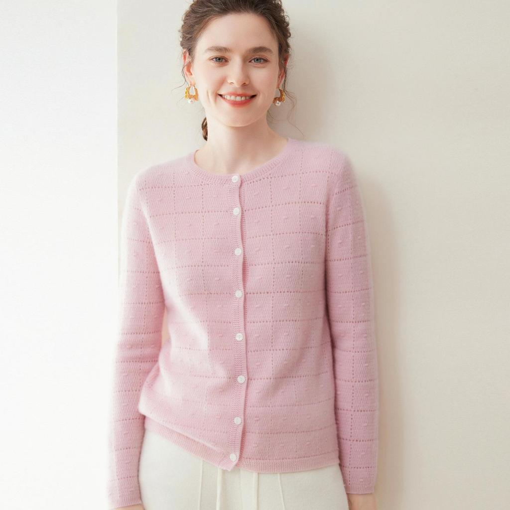 Lekasha 100% Pure Cashmere Plaid Hollow-Out Long-Sleeve Cardigan