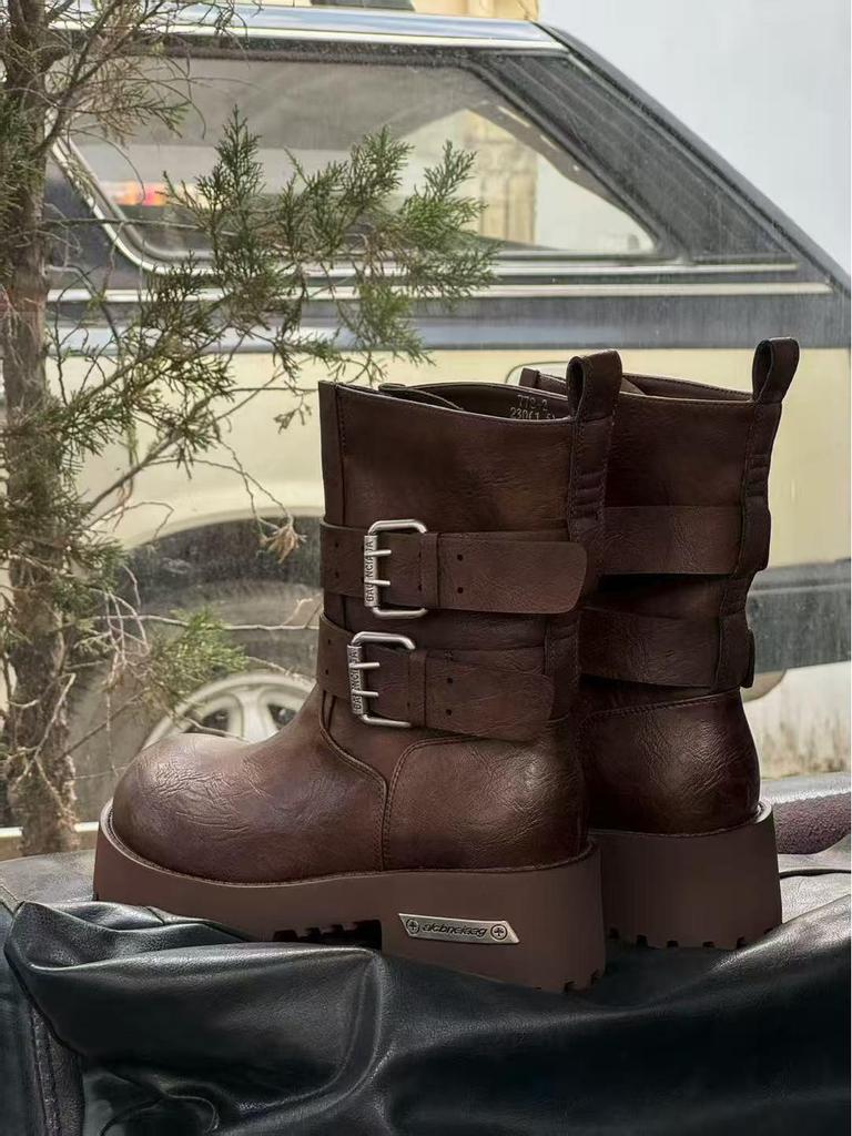 2025 Dámské podzimní/zimní boty Martin v britském stylu: Kotníkové boty na silné podrážce, s kulatou špičkou a zeštíhlující přezkou v pase