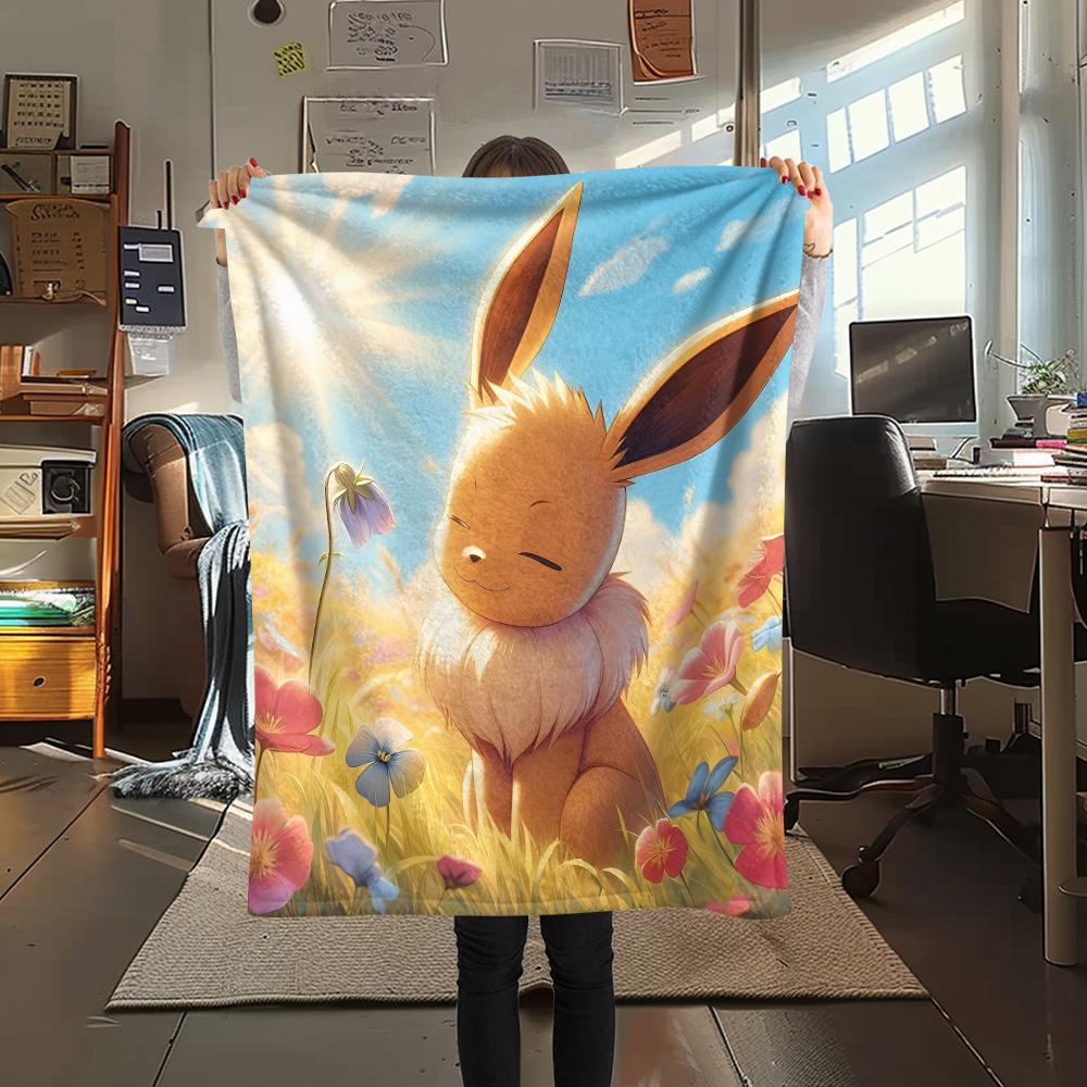 Roztomilá deka s potiskem Eevee z flanelu, Vysoce kvalitní, Pohodlná pro všechna roční období, Domácí dekorace, Teplo a pohodlí