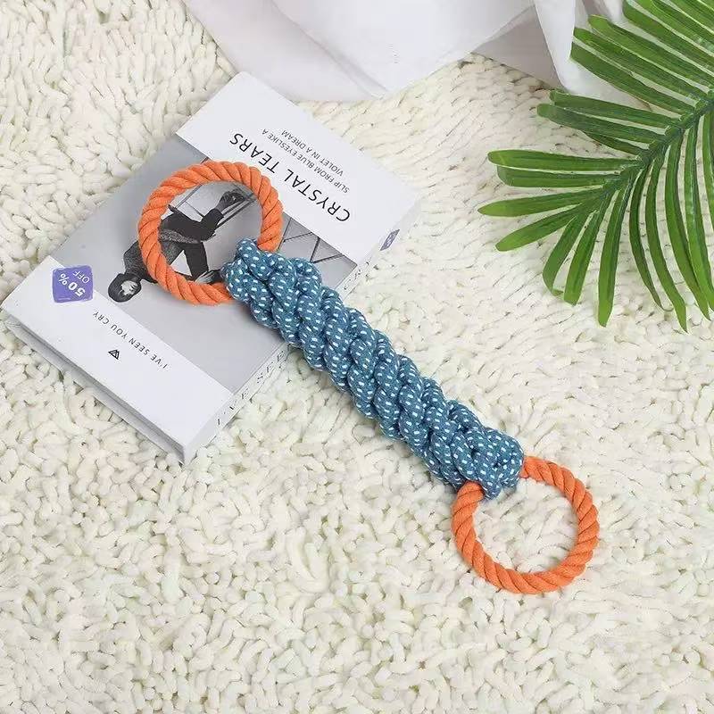 Dual-Handle Braided Rope Knot Pet Toy for All Dog Breeds - Durable Teeth Cleaning Chew Toy in Blue and Orange, Polyester Blend