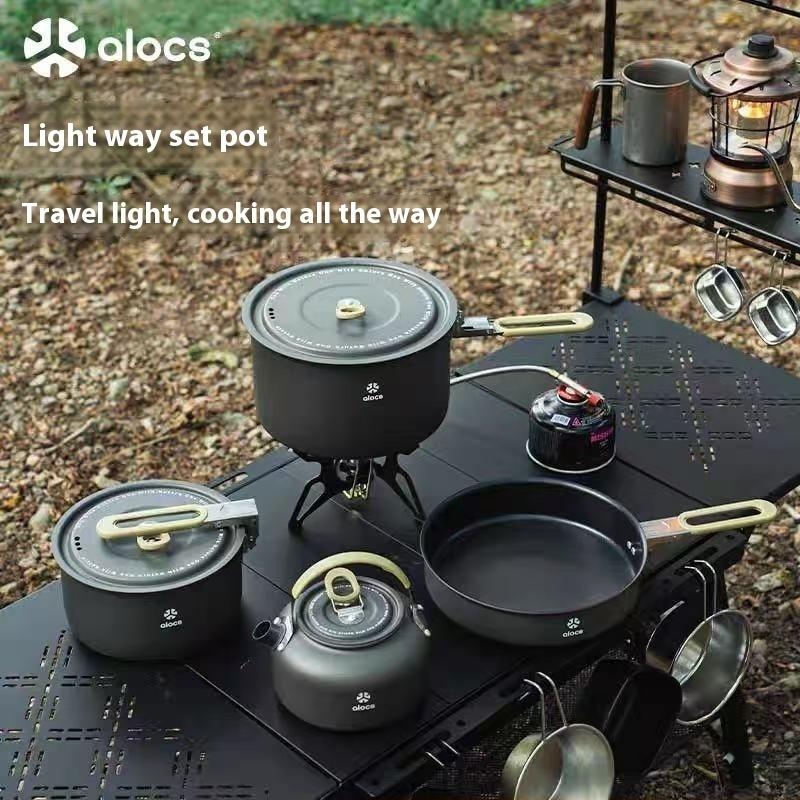 Alocs Outdoor Camping Four-Piece Camping Cookware Set - Teflon Non-Stick, Nesting Design, Home Outdoor Cooking Tools
