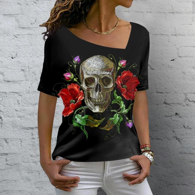 Vintage Skull Women's T Shirt 3D Printed Skew Collar Blouses Casual Short Sleeve Pullover Tops Summer Oversized Clothes Tees