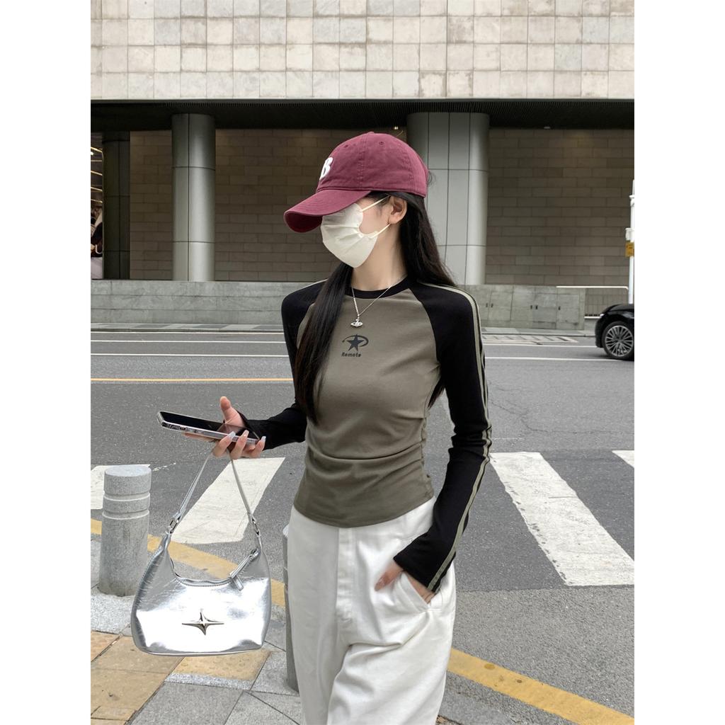 Winter new contrasting color shoulder sleeve printed T-shirt women's top Spice girl long-sleeved T-shirt bottoming shirt