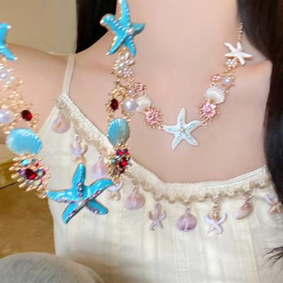 Oil Drop Pearl Shell Starfish Pendant Necklace Vacation Style Versatile Collarbone Chain Niche High-end Temperament Jewelry Women