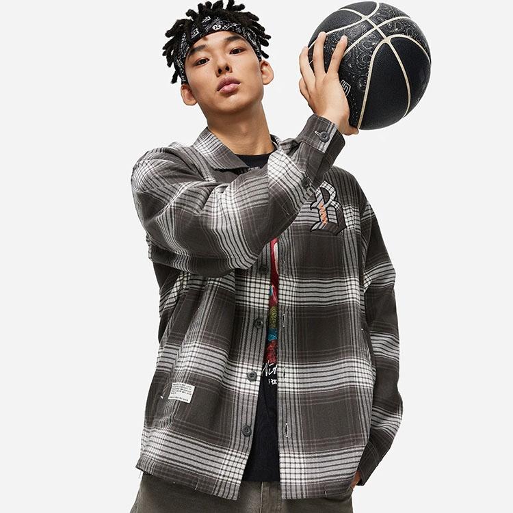 Li Ning Badfive Plaid Letter Print Square Neck Loose Casual Long Sleeve Shirt Men Shirts AFDT855-3