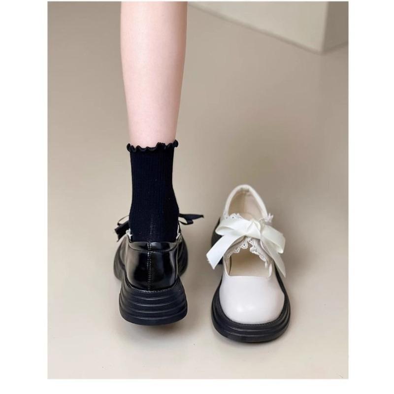 Bowknot Small Leather Shoes for Women, Summer Lace Thick-soled Mary Jane Round-toed Jk Loafers,Cute Shallow Opening Single Shoes