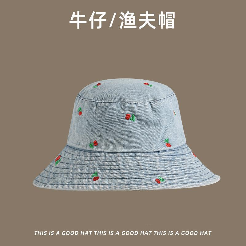 New hat female versatile fashion denim bucket hat embroidered cherry pattern wide brim sunshade basin hat