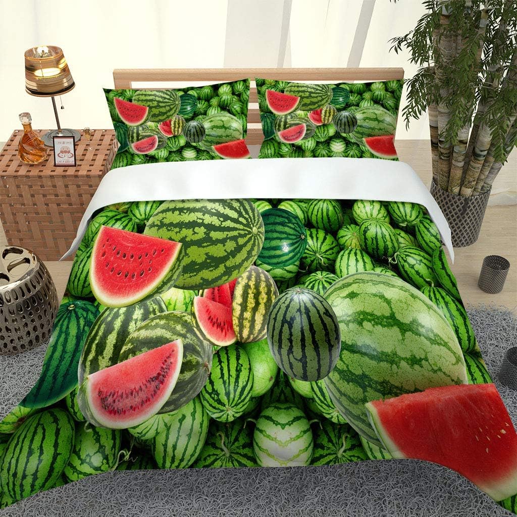 3D Watermelon Duvet Cover Set Kids Boys Girls,Delicious Fruit Print Bedding Set Watermelon Seeds Cool Summer Comforter Cover Set