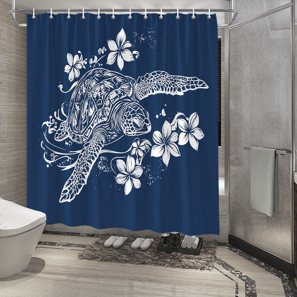 

1Pc Oceanic Elegance Shower Curtain - Stylized Sea Turtle With Floral Patterns, Blue And White Nature-Inspired Design, Includes W60H190(CM)-1 Pcs