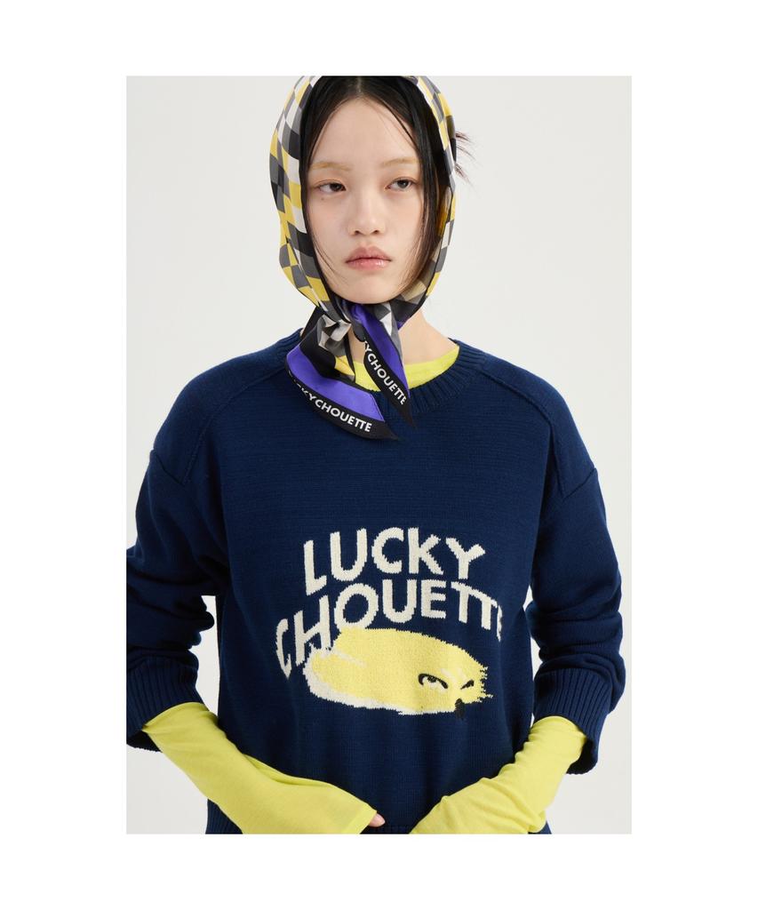 LUCKY CHOUETTE Intarsia Chouette Round Neck Pullover (Dark Navy)_Lfwas25220Nyd