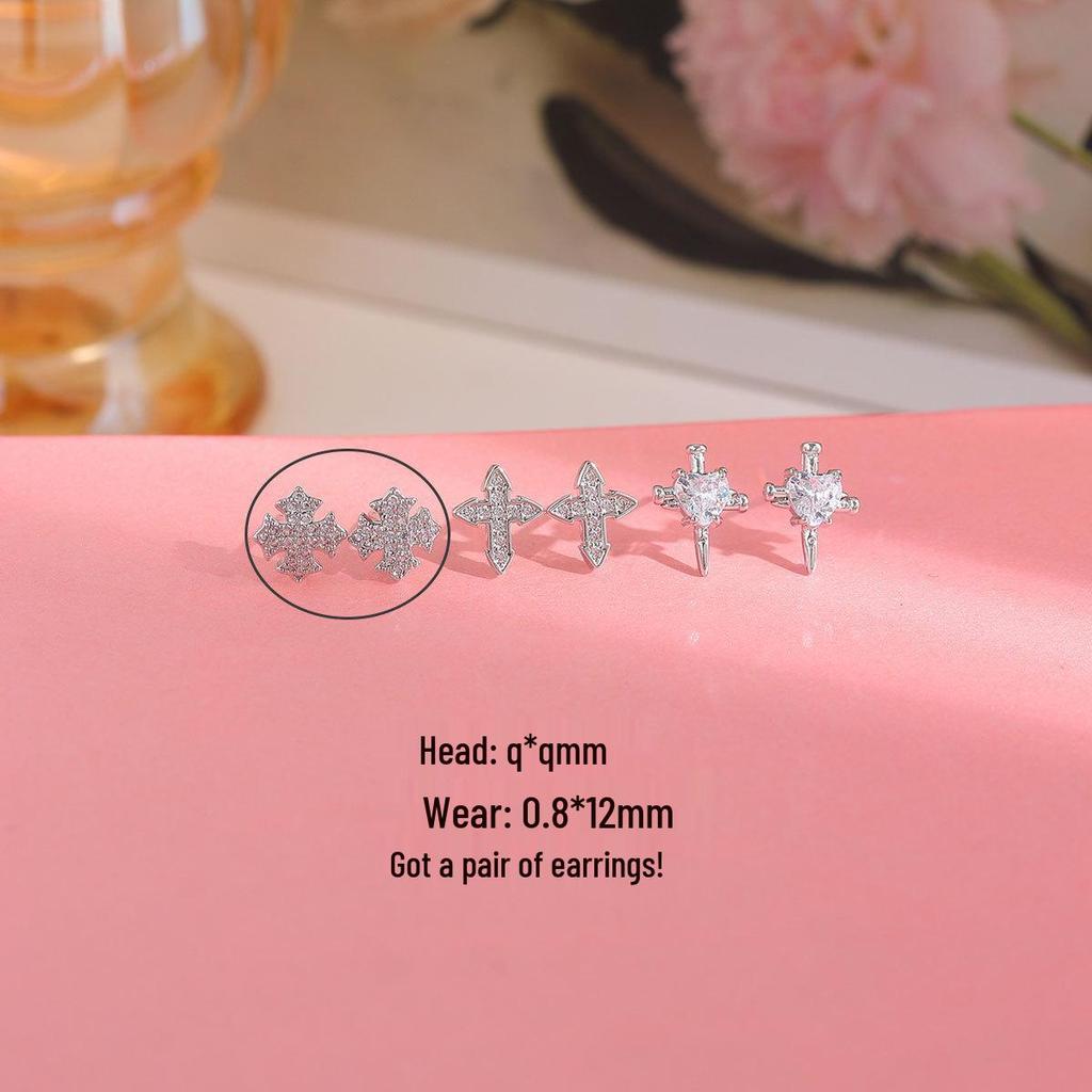 Gold-Plated 925 Silver Iris Flower Cross Stud Earrings with Zirconia Heart Ornaments