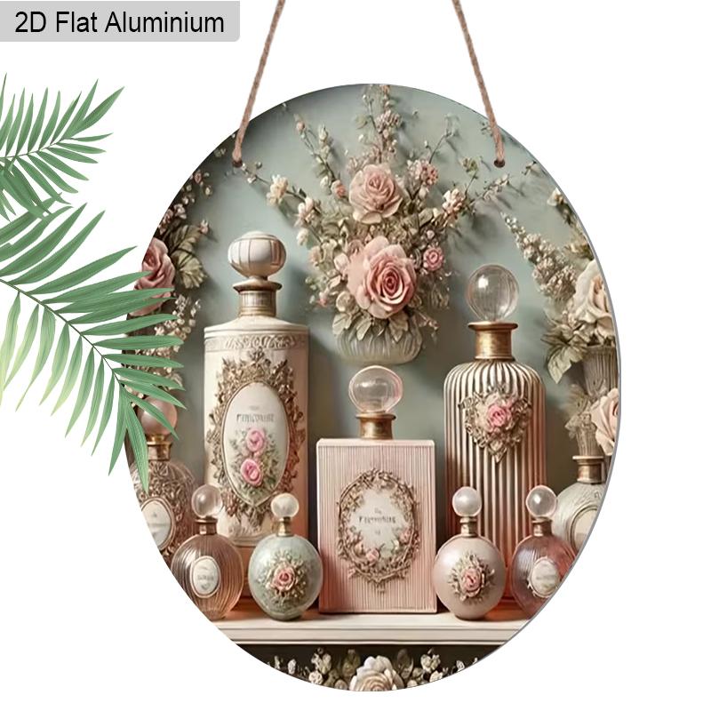 2D Flat 1pc Vintage Perfume Aluminum Sign Round Ornament - Embossed Floral Design Art, Home Office Bedroom Balcony Decor, Indoor/Outdoor Door Wall