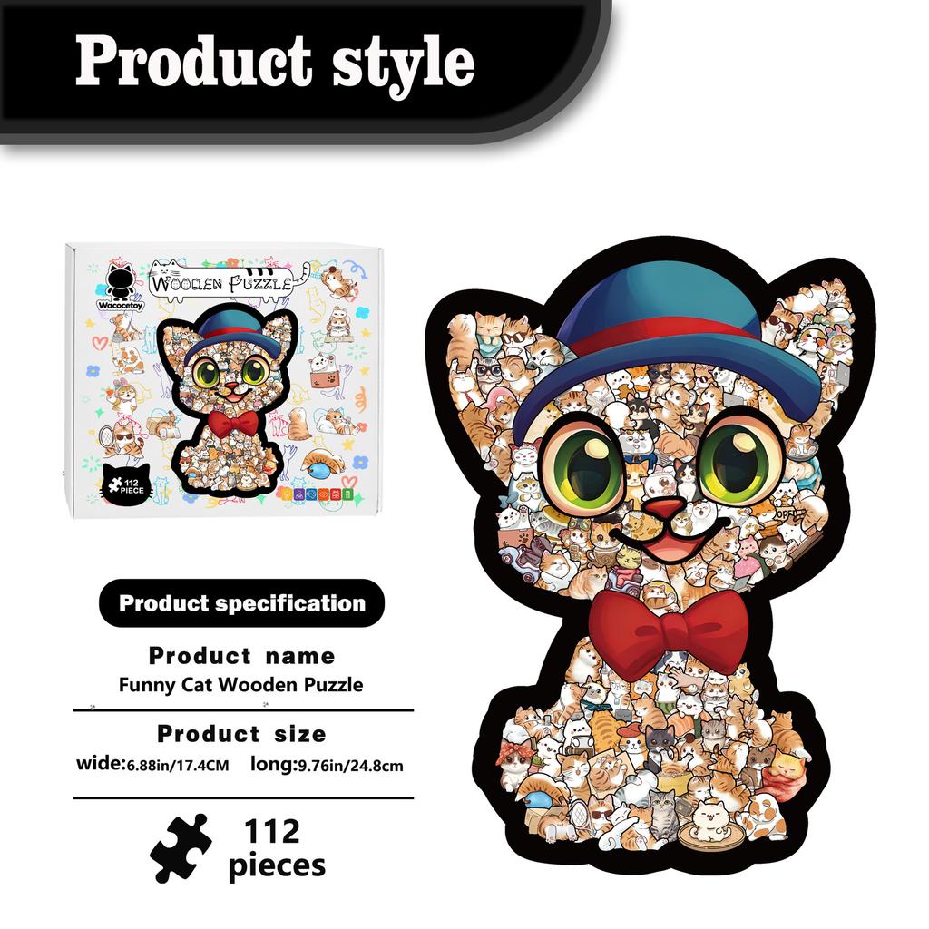 Fun Cat Collection Blue Hat Kitten Puzzle Stacked Wooden Special-Shaped Splicing Toy Framed Puzzle
