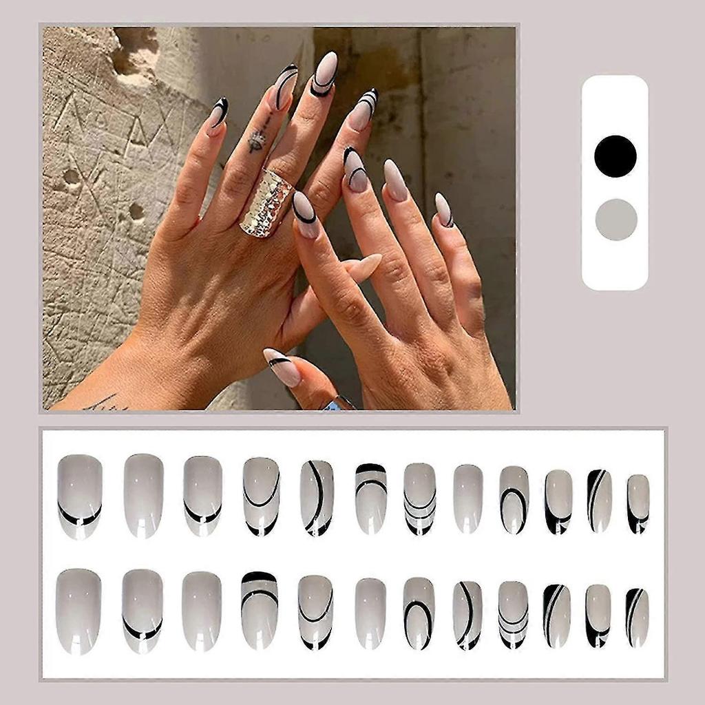 Extra Long Press On Nails, Coffin Fake Nails, Glossy Acrylic Nails, Artificial Glue On Nails For Women And Girls 24pcs-Black Abstract Swirl
