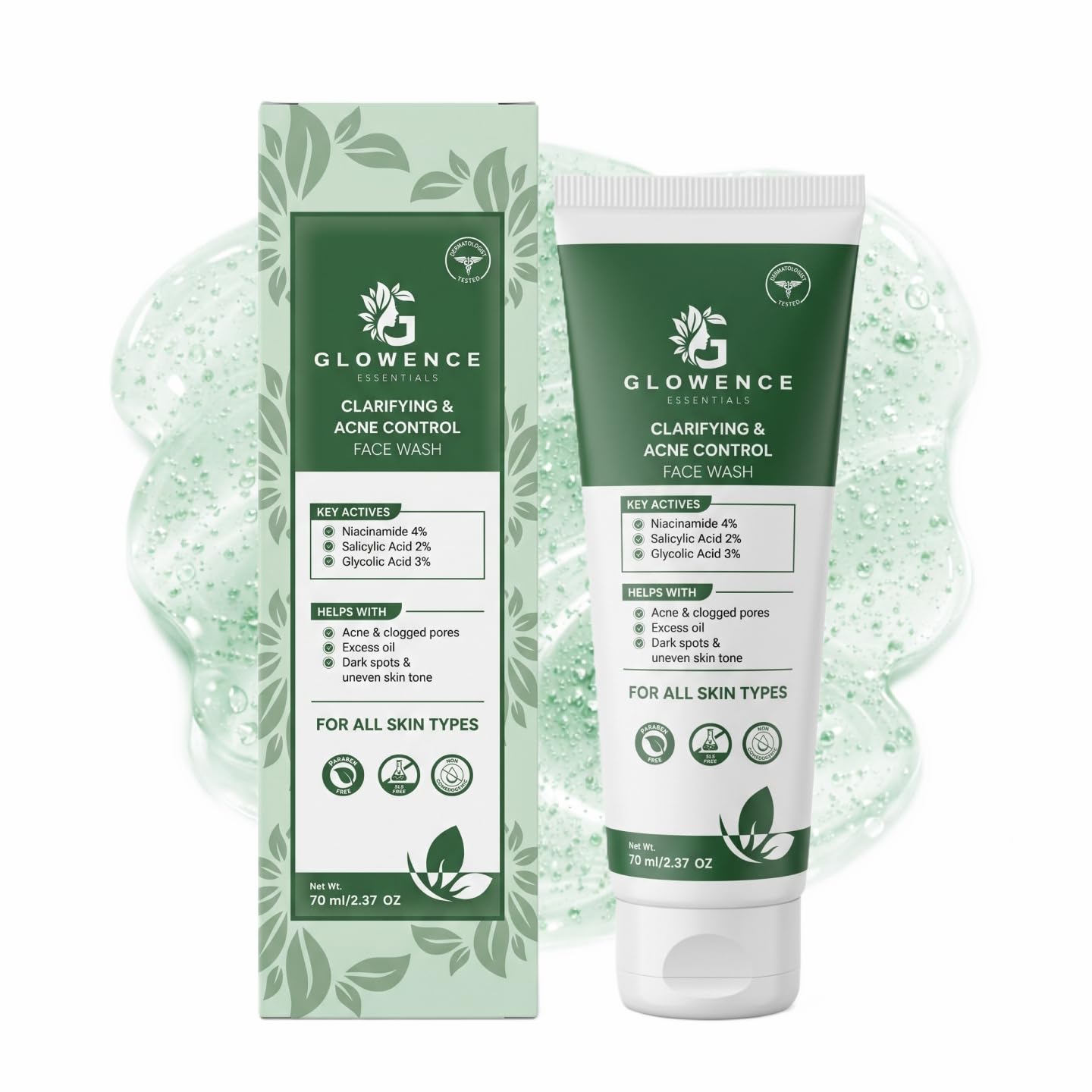 GLOWENCE ESSENTIALS Clarifying & Acne Control Face Wash | Dermatologist Approved Formula | Niacinamide 4%, Salicylic Acid 2%, Glycolic Acid 3% | Re