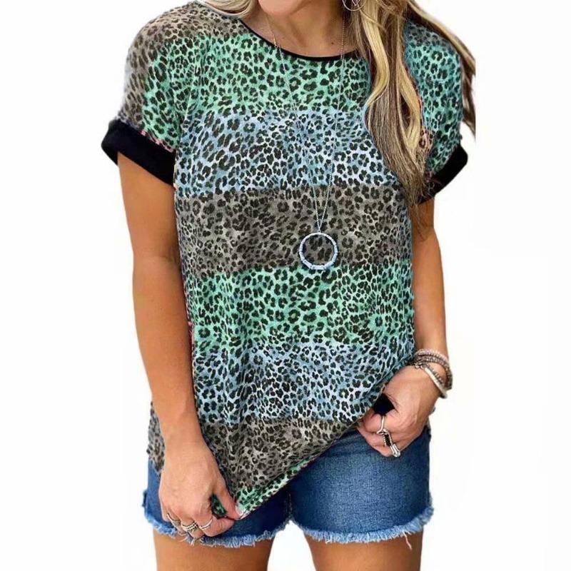 Women Summer Leopard Printed Short Sleeve Tops Casual O-neck Loose Tee Top Ladies T-shirt Clothing