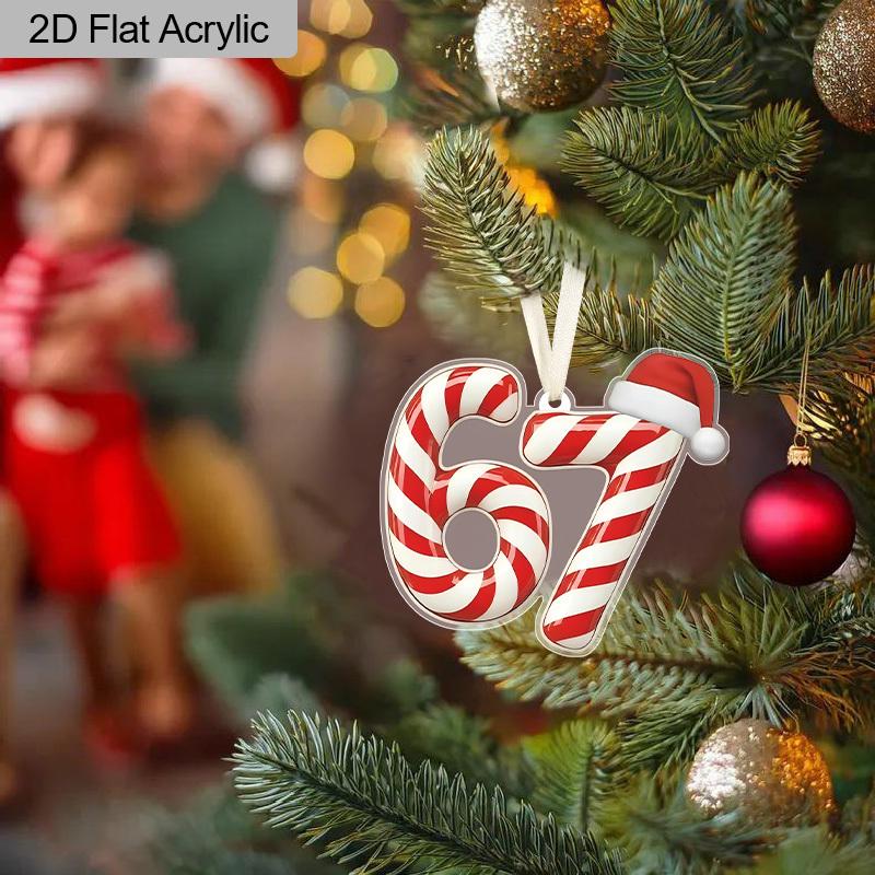 2pcs Number 67 Christmas Ornaments, Candy Cane Festive Pattern, Hanging Decor for Xmas Tree or Car Home Holiday Parties Easy To Hang Christmas Gifts