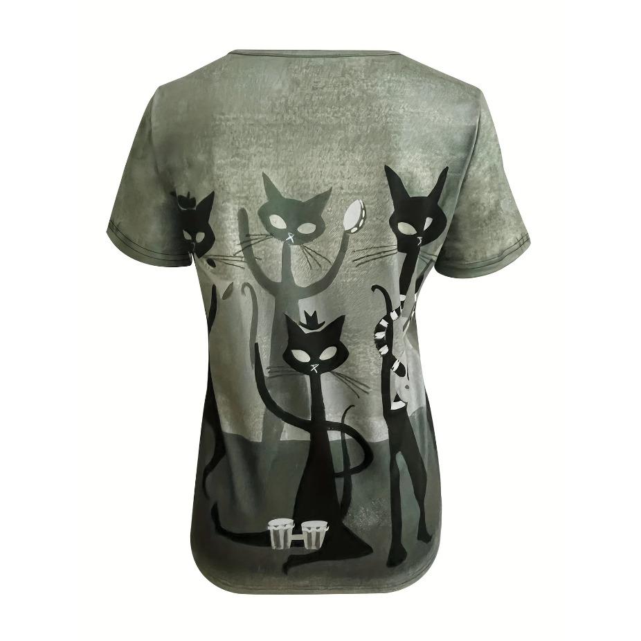Katzen-Print Kurzarm-T-Shirt, Casual-Oberteil für Frühling & Sommer, Damenbekleidung