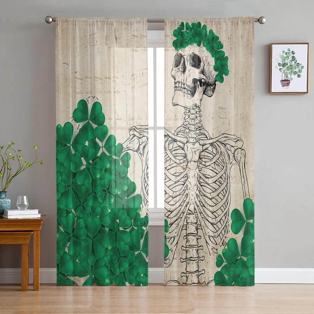 St Patrick Day Curtains Living Room Kitchen Clover Leaves Tulle Luck Wealth Irish Design Chiffon Curtain Light Filtering Polyester Area Window