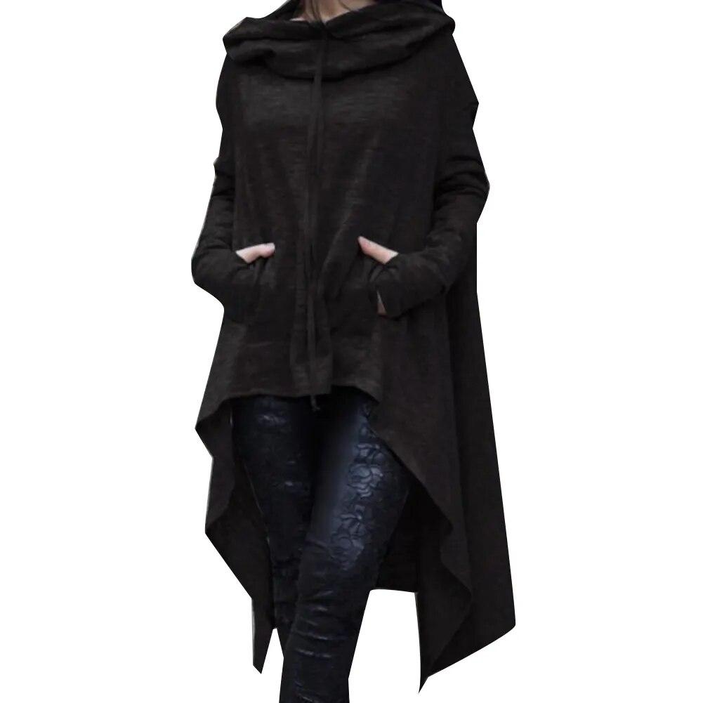 Felpa con cappuccio da donna in misto cotone tinta unita con orlo asimmetrico con coulisse Cappotto poncho allentato per felpa con cappuccio da donna