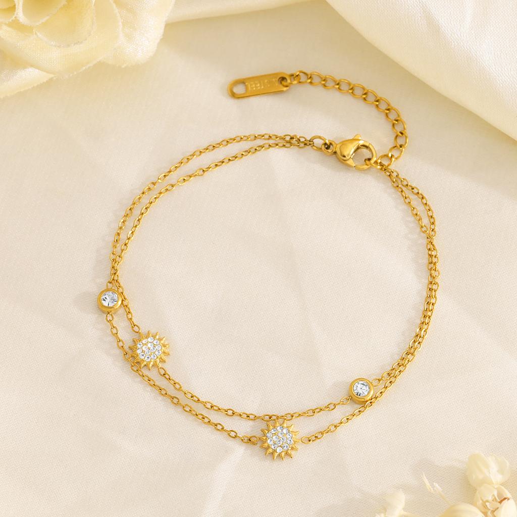 18K Gold Plated Stainless Steel Sun Moon CZ Bracelet for Women Dainty Thin Chain Celestial Mix