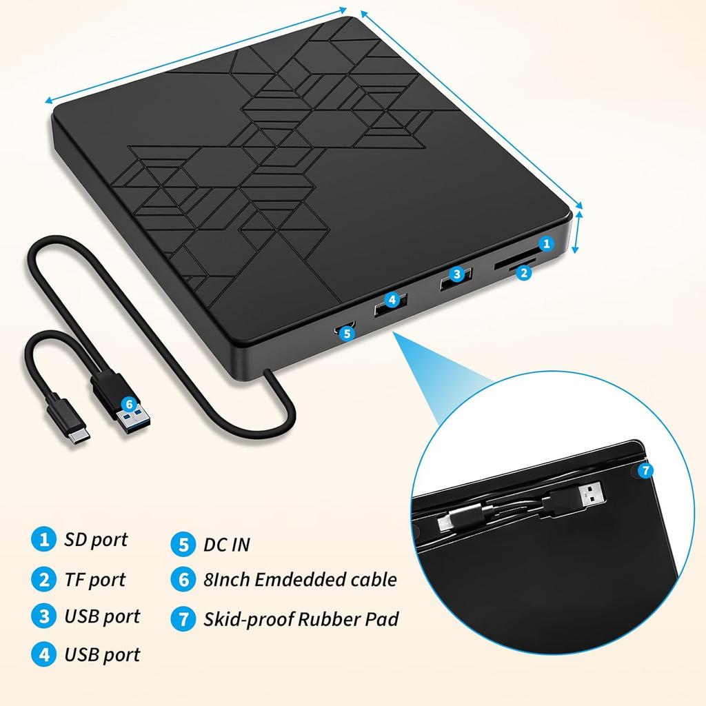 External CD/DVD Drive ,USB 3.0 DVD CD Burner with 2 USB Ports and 2 TF/SD Card Slots, DVD Player for Laptop,Mac,PC,Windows 11/10