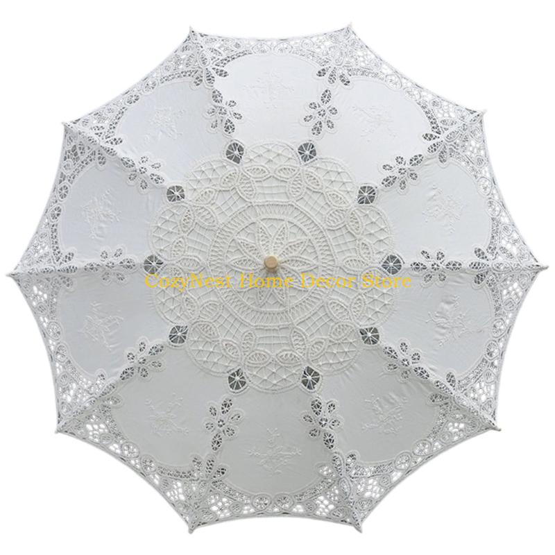 92MF Decorative Handmade Lace Umbrella Wooden Handle Sun Shade For Women Girls Special