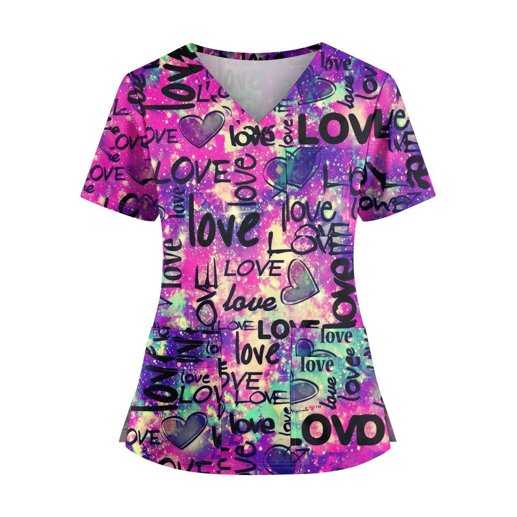 Plus SizePrinted Scrub Working Uniform Tops For Women's Cross V-Neck Halloween Print Short Sleeve Fun T-Shirts Workwear Tee With Pockets