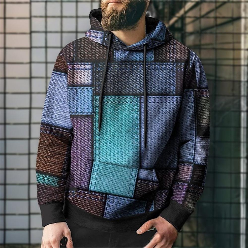 Retro Geometric Grid 3D Digital Printed Men's Personalized Trendy Hoodie Sweatshirt