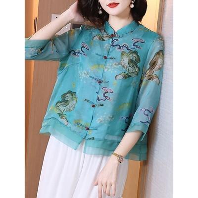 Chiffon for Women In Summer Chinese Style Tang Suit  Stand Collar and Quarter Sleeve Retro Printed Top