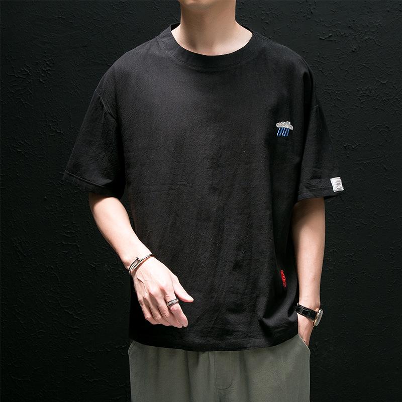 Men's Summer Cotton-Linen Short-Sleeve Chinese Style Embroidered Casual T-Shirt