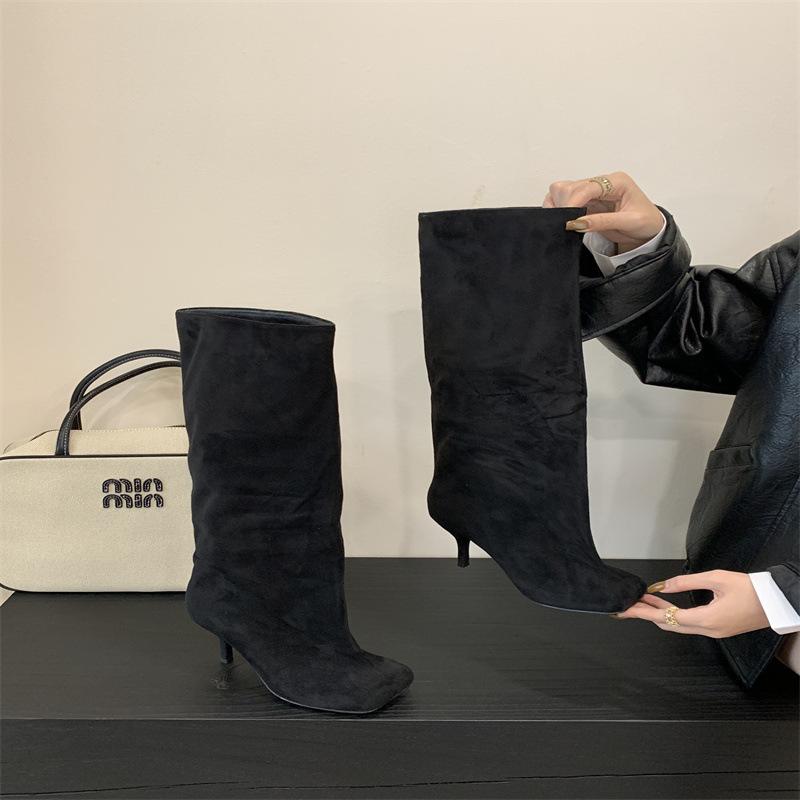 2025 loose straight boots autumn and winter matte retro trouser boots long boots big tube circumference high heel western cowboy boots women