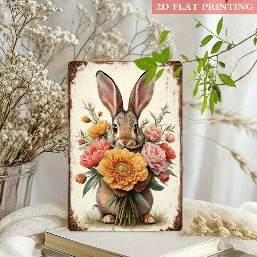 Vintage Shabby Chic Easter Bunny Metal Sign Peach Pink Flowers Farmhouse Wall Art