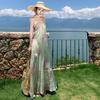 French Gentle Backless Vacation Summer Three-dimensional Flower Green Purple Smudged Suspender Dress Women's Seaside Dress