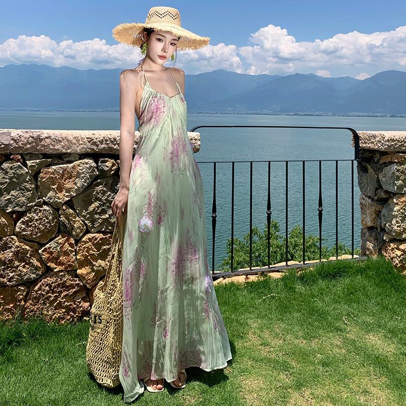 French Gentle Backless Vacation Summer Three-dimensional Flower Green Purple Smudged Suspender Dress Women's Seaside Dress