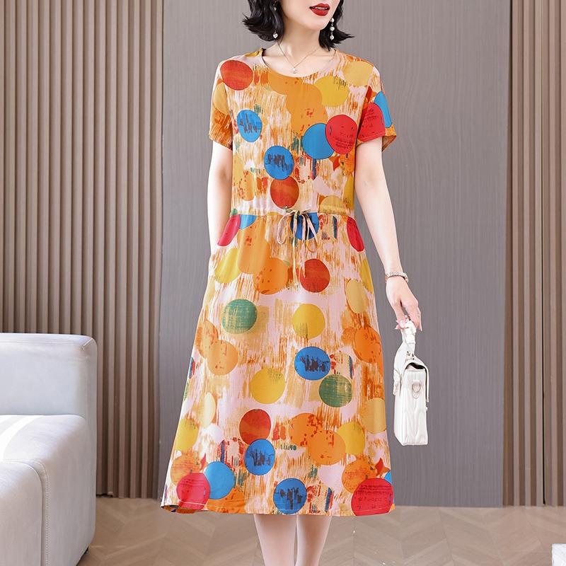 Summer Woman Elegant Dress  New Casual Short Sleeve Korean Style Clothes Women Vintage Print Long Dress