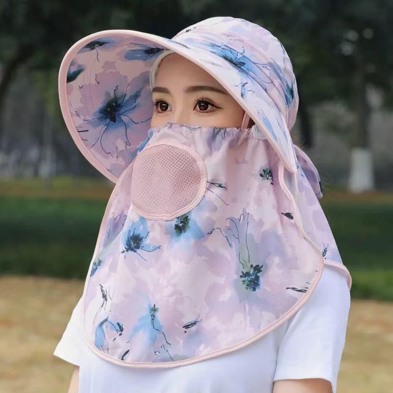 Women's Summer Wide Brim UV Protection Hat with Neck Shawl and Ponytail Tie