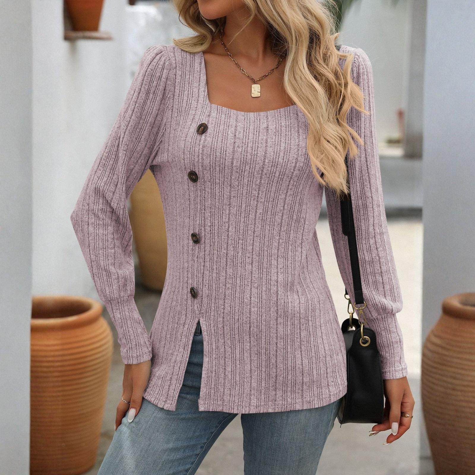 

Женская модная повседневная однотонная футболка с квадратным вырезом и длинными рукавами на пуговицах S