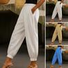 Women Casual Pants Elastic Mid-rise Wide Leg Ankle-Tied Design Long Trousers with Pockets Pure Color Ankle Pants