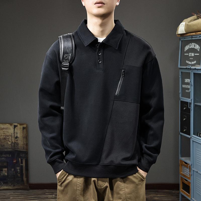 

Осенний дизайн Sense Splicing Lapel свитер мужской плотный трикотажный длинный рукав поло рубашка свободный топ на молнии карман Tide 5XL чёрный
