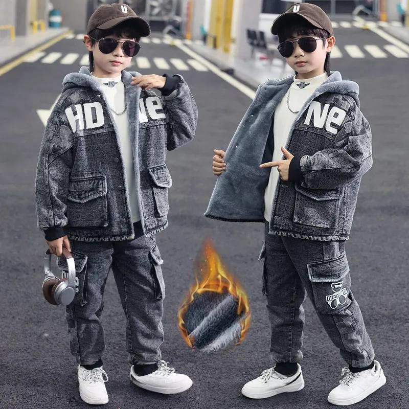 Ragazzi più velluto vestito invernale bambini inverno denim due pezzi vestito, ragazzi grandi e ragazzi vestiti ispessiti
