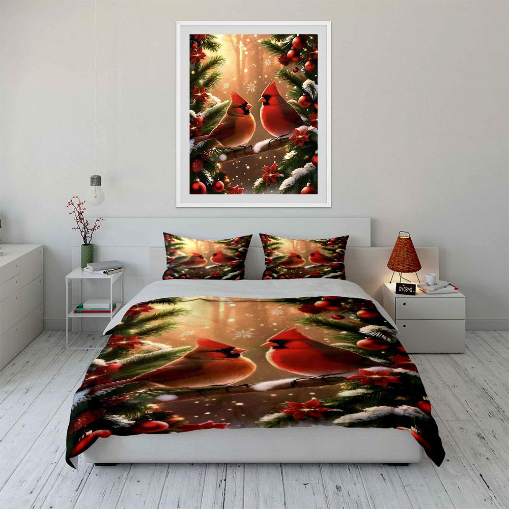 Cardinals, pine branches, snowflakes. Bedding sets Duvet cover sets Duvet covers Pillowcases(1 * Duvet Cover 2 * Pillowcases without duvet insert)