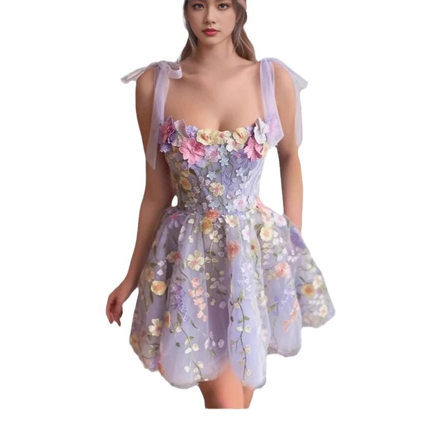 New European, American, Women's Fashion Three-dimensional Flower Embroidered Hip-wrapped Sexy Suspender Dress